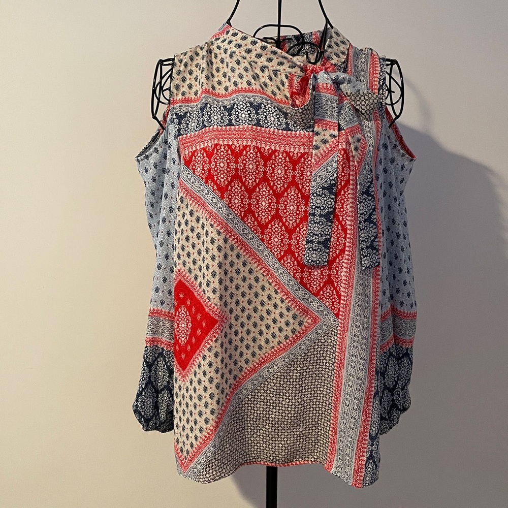 Chico's Red and Blue Patterned Top size 0 Long Sleeve